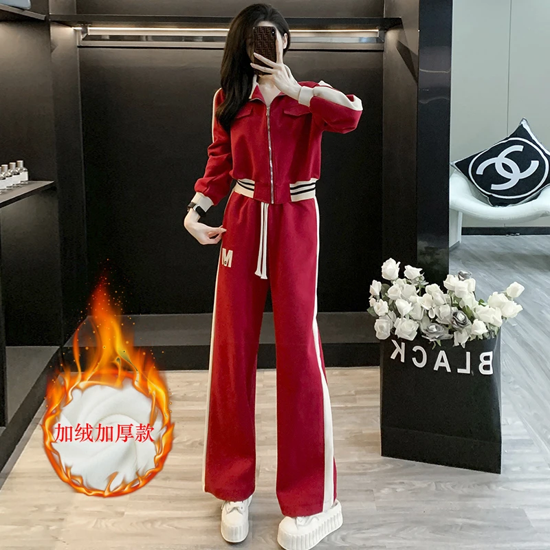 红色时尚潮流运动套装女春秋新款百搭网红条纹拼接显瘦宽松两件套