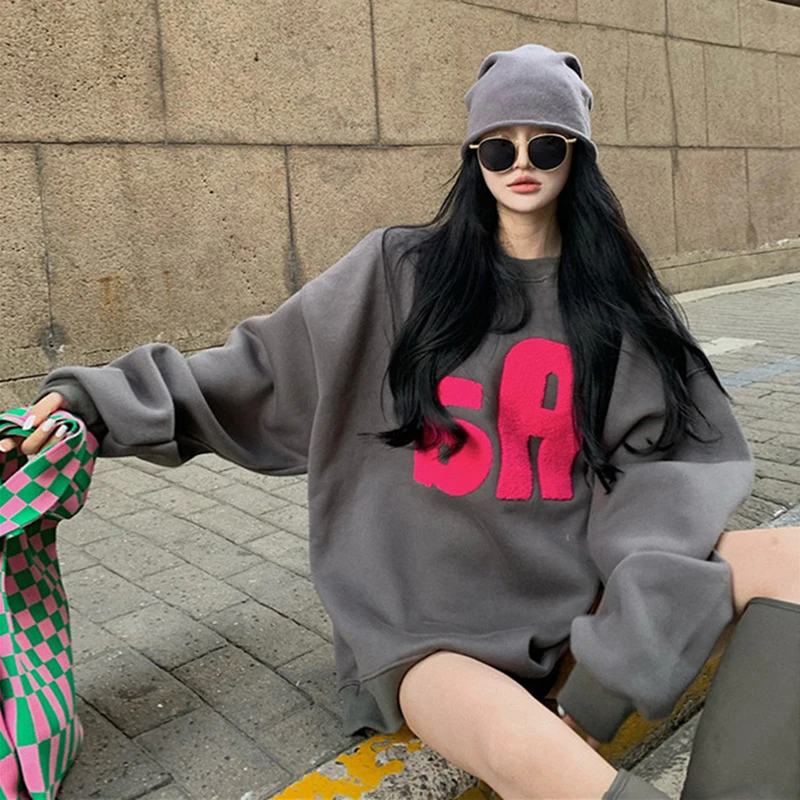 灰色卫衣女春秋薄款2023新款爆款时尚洋气美式中长款圆领加绒外套