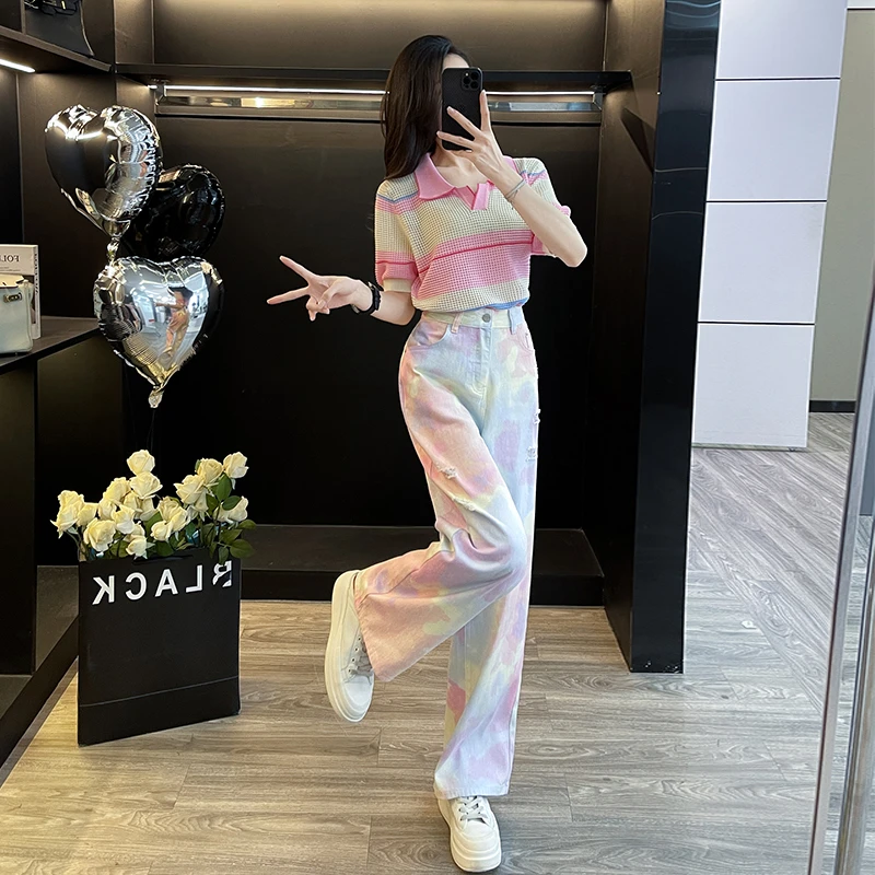 多巴胺时尚休闲运动套装女夏季新款显瘦气质网红短袖晕染牛仔长裤