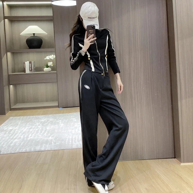 网红休闲运动套装女秋季新款黑色显瘦气质撞色卫衣窄版长裤两件套