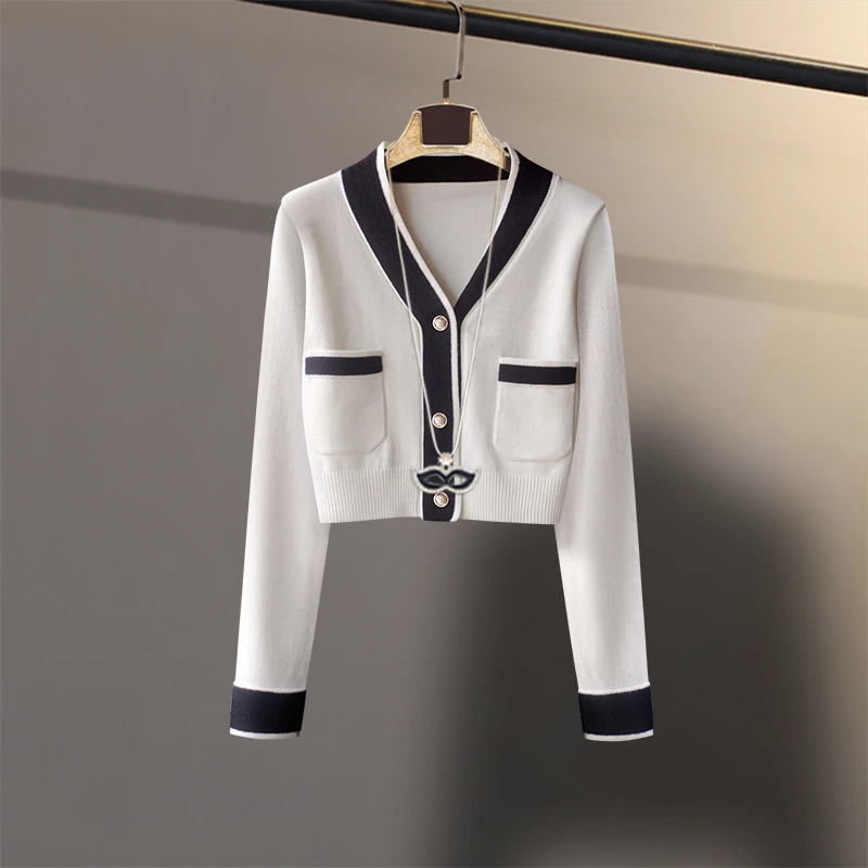 复古拼色针织开衫25-35岁女气质外套小香风短款高腰V领外搭上衣春