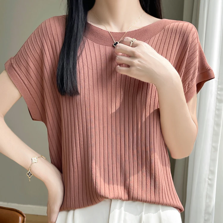 新款女式针织衫大码显瘦洋气一字领短袖时尚百搭薄款冰丝短袖
