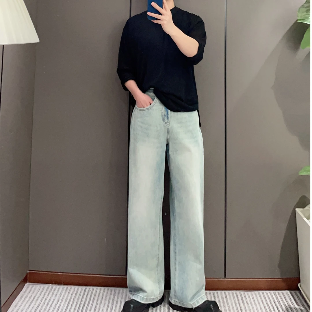 韩国高定宽松全棉牛仔裤特殊工艺水洗作旧直筒男休闲百搭设计感