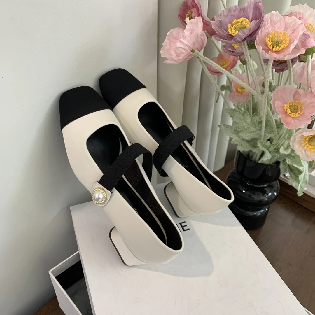 【Mameng店主推荐】新款法式小众小香风方头拼色粗跟金扣玛丽珍百搭