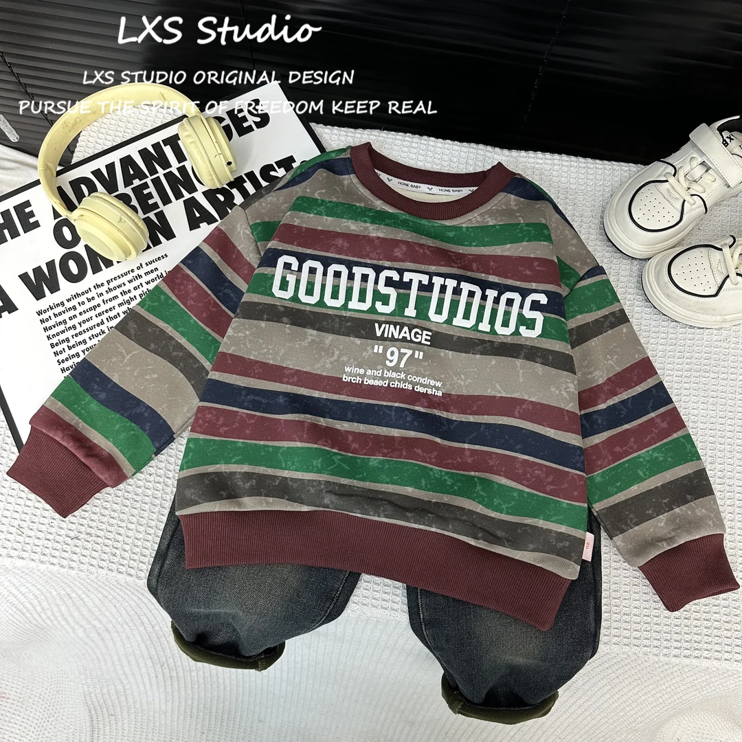 舅舅童装3号店冬季款加绒条纹卫衣宝宝韩版百搭圆领卫衣L5672023