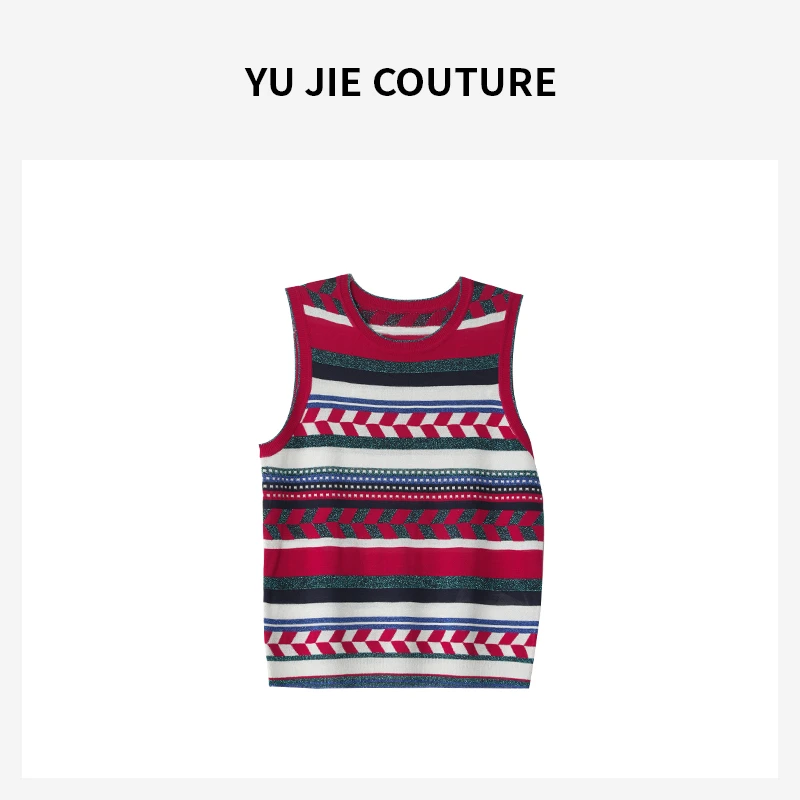 [YUJIE]  罗马假日 桑蚕丝+日本进口金线 条纹针织背心上衣 BX205