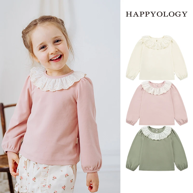 Happyology英国儿童春秋镂空荷叶边童装女童长袖磨毛针织上衣
