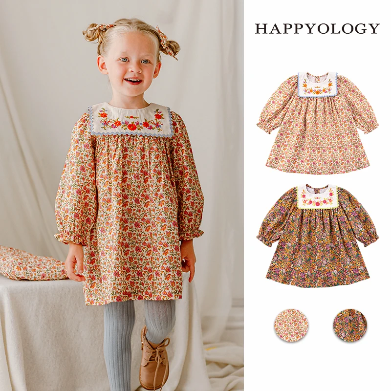 Happyology英国儿童碎花童装纯棉绣花连身裙新女童秋季长袖连衣裙