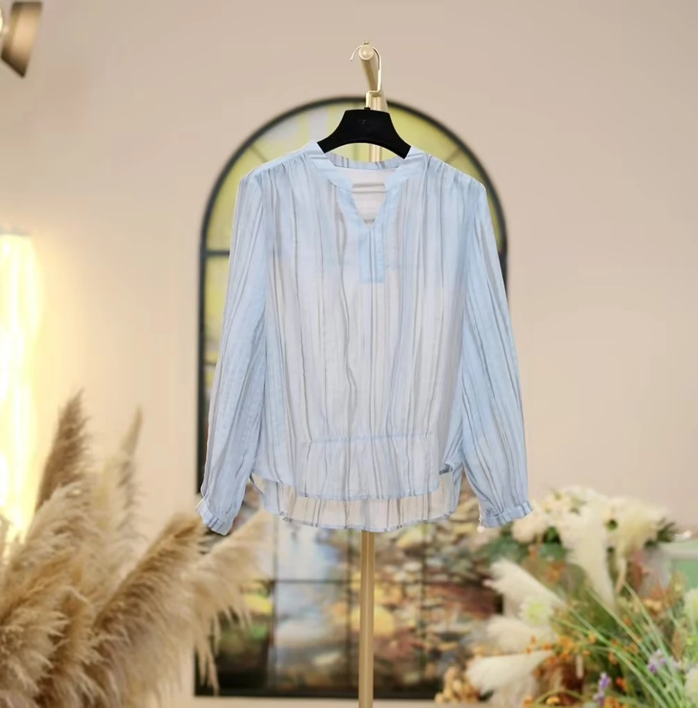 SS捌月 | 清凉一夏竖条纹设计宽松显瘦休闲气质时尚捏褶上衣