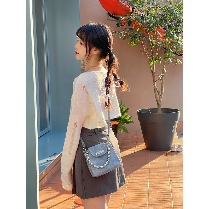路小船原创小众牛仔质感百搭双肩包女包学院风书包耐脏潮流斜跨包