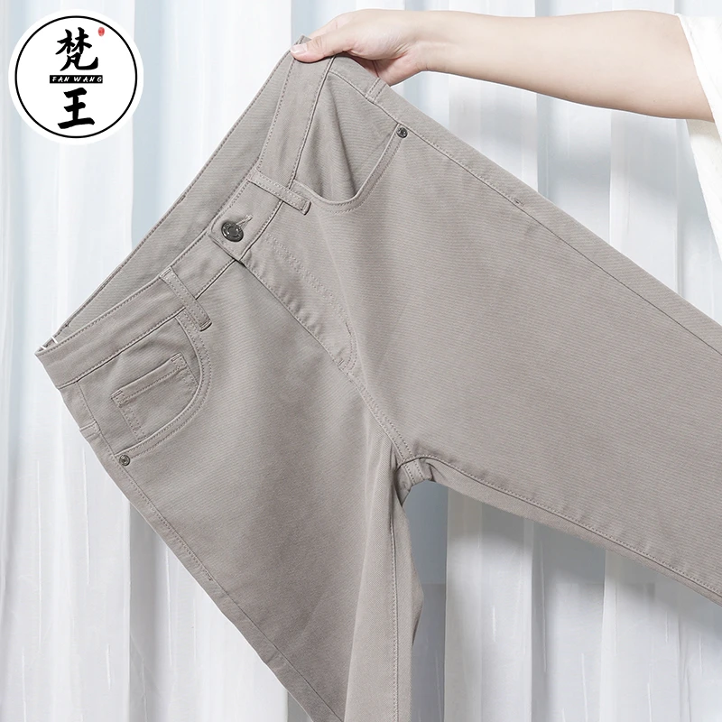 6010休闲长裤九分梵王牛仔裤男士春夏款中腰修身小直筒卡其米色