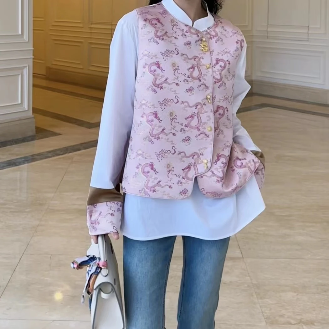 新中式两件套马甲早春提花气质斜襟长袖款30089