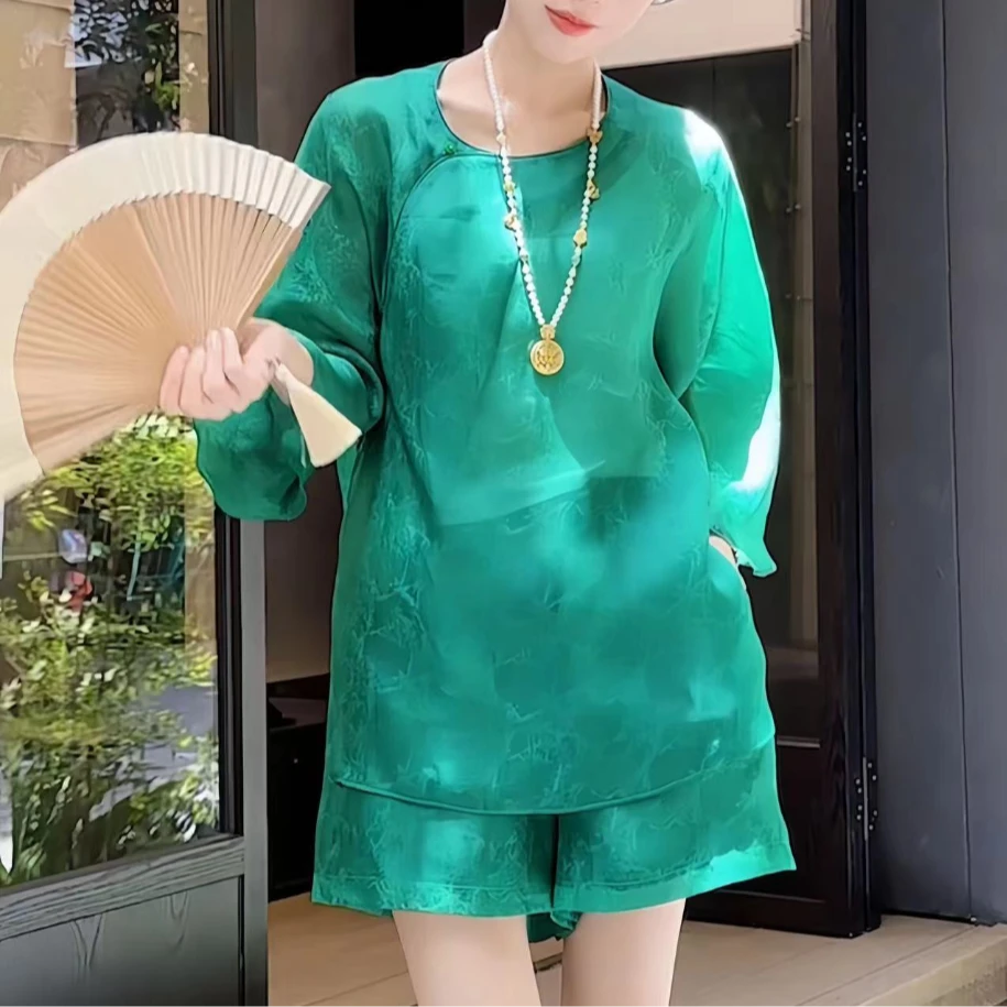 真丝花萝国风套装裙两件套气质短裤套装31508