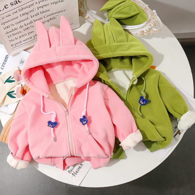女童加绒卫衣2022兔耳朵开衫外套秋冬洋气百搭衣服