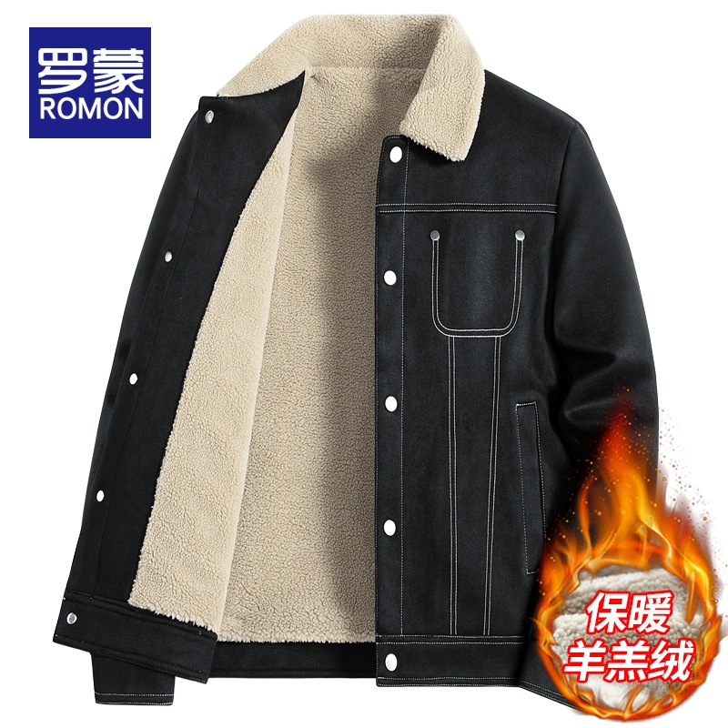 罗蒙秋冬款翻领加绒加厚外套男款爆款2025新款男士休闲成熟夹克男