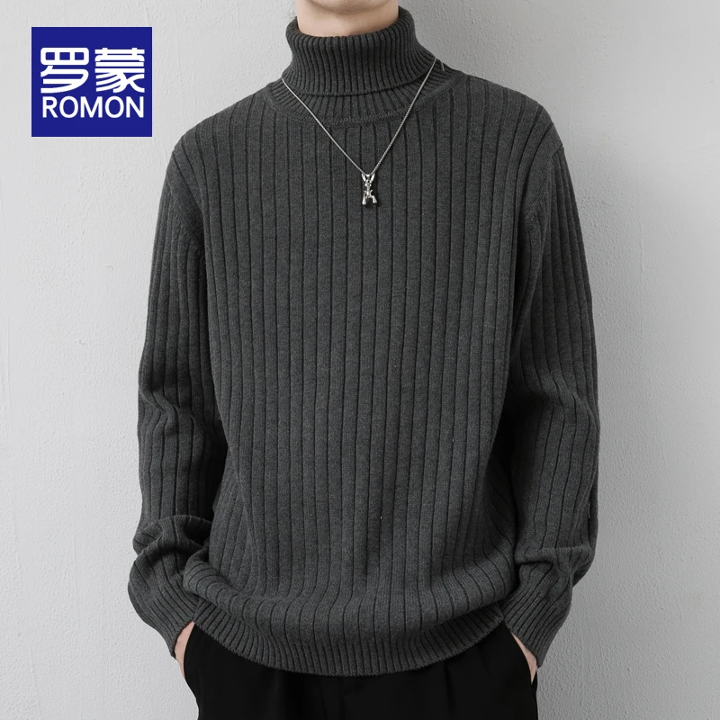罗蒙轻奢高端竖条纹高领毛衣男款冬季潮流纯色加厚保暖打底针织衫