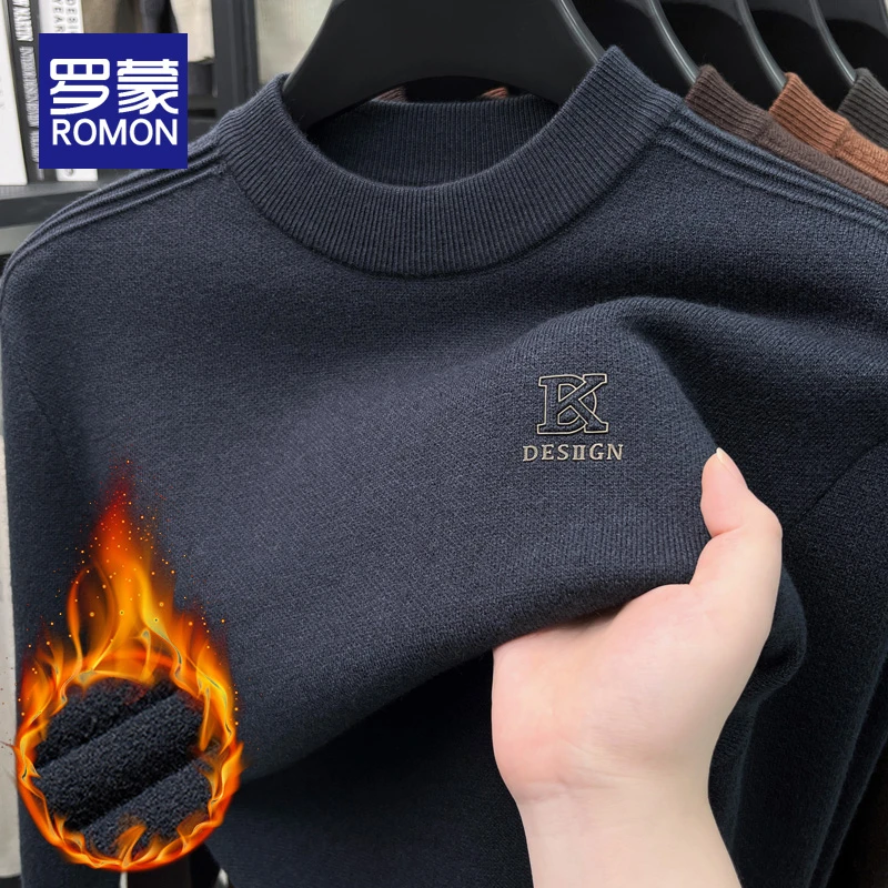 罗蒙男士套头保暖长袖套头毛衣男款冬季加绒加厚休闲打底针织衫男