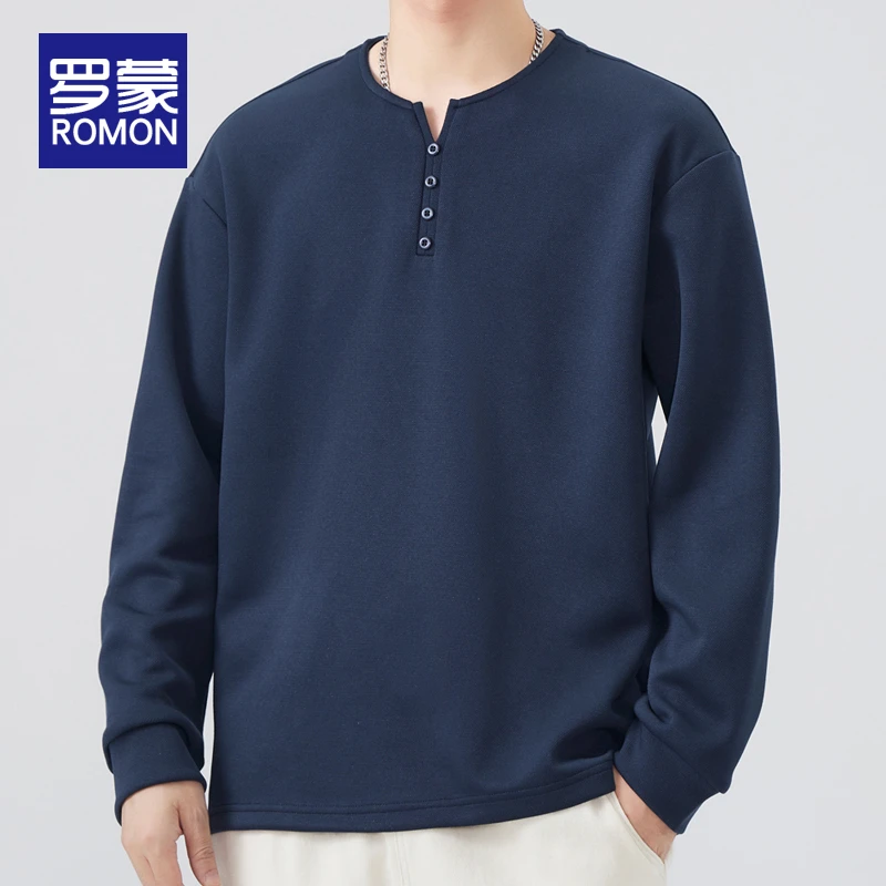 罗蒙男士长袖圆领t恤男秋冬休闲上衣2025新款时尚宽松百搭打底衫