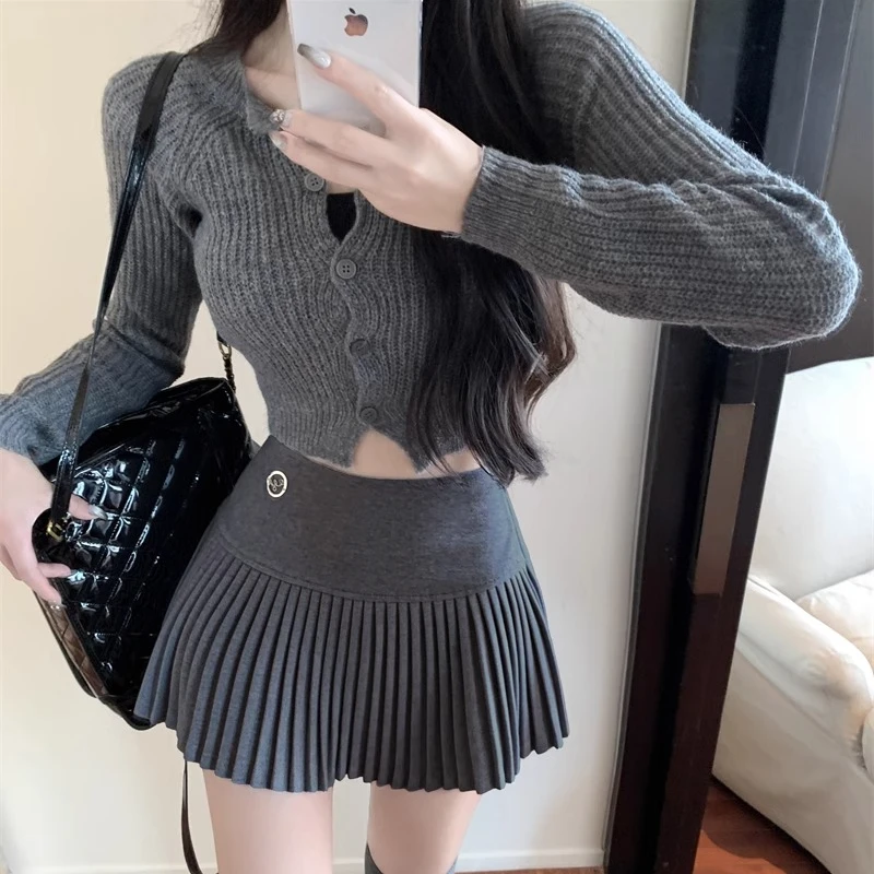 美式辣妹毛呢半身裙女秋冬新款通勤白色百褶裙高腰显瘦半身短裙