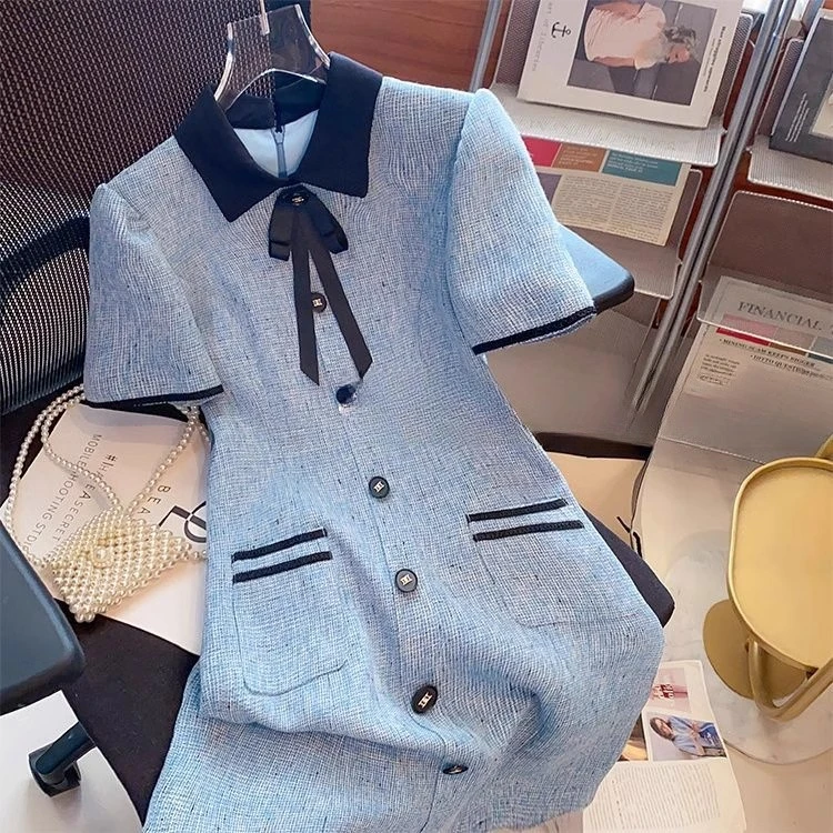 夏装新款气质名媛短袖小香风连衣裙学院风POLO领蝴蝶结雅丹打底裙