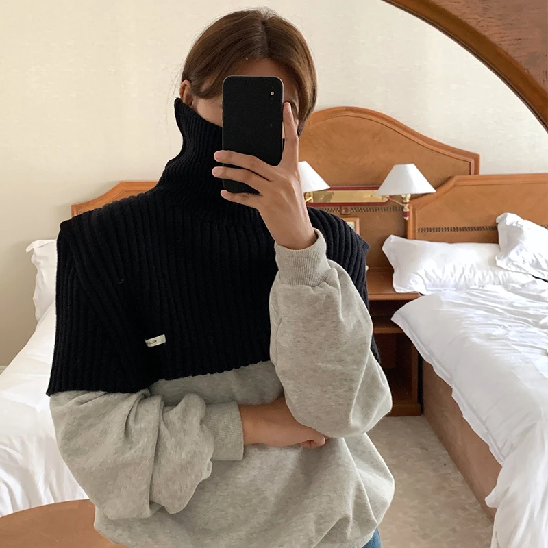 侧面韩国针织毛线高领短款套头小披肩女秋冬外搭脖套斗篷围脖围巾