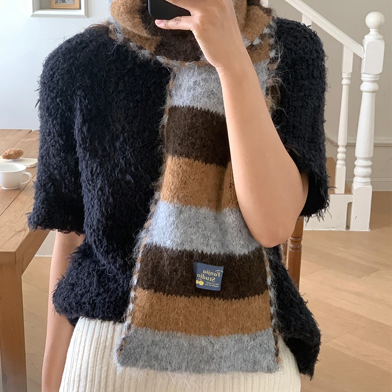 羊毛混纺条纹毛绒美拉德长条围巾女冬天保暖时尚洋气大衣长条围脖