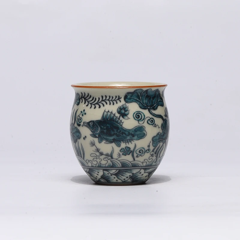 青花元风苏麻离青鱼藻小蛮腰杯主人杯茗杯中式茶具茶器DC