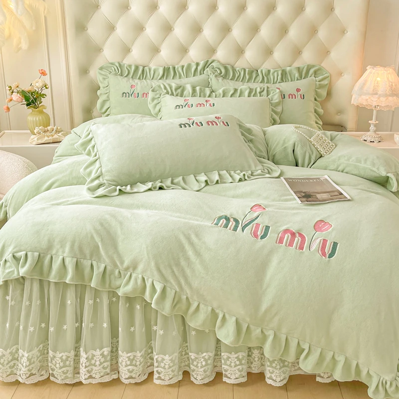 2024冬季新品公主风A类牛奶绒床裙款四件套冬季加厚保暖防静电