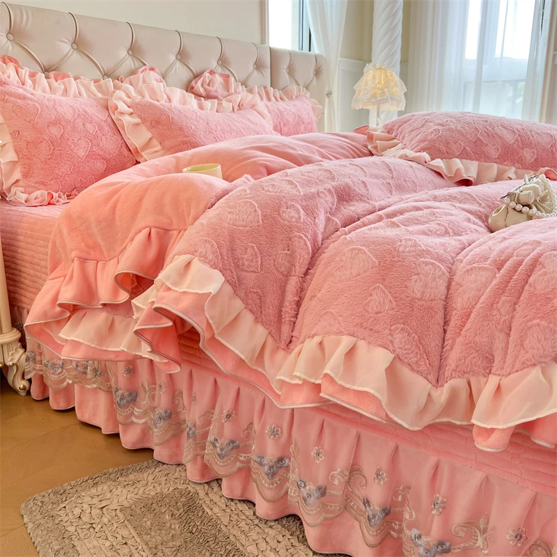 爆款推荐高端牛奶绒四件套韩版双层花边牛奶绒被套夹棉加厚床盖款