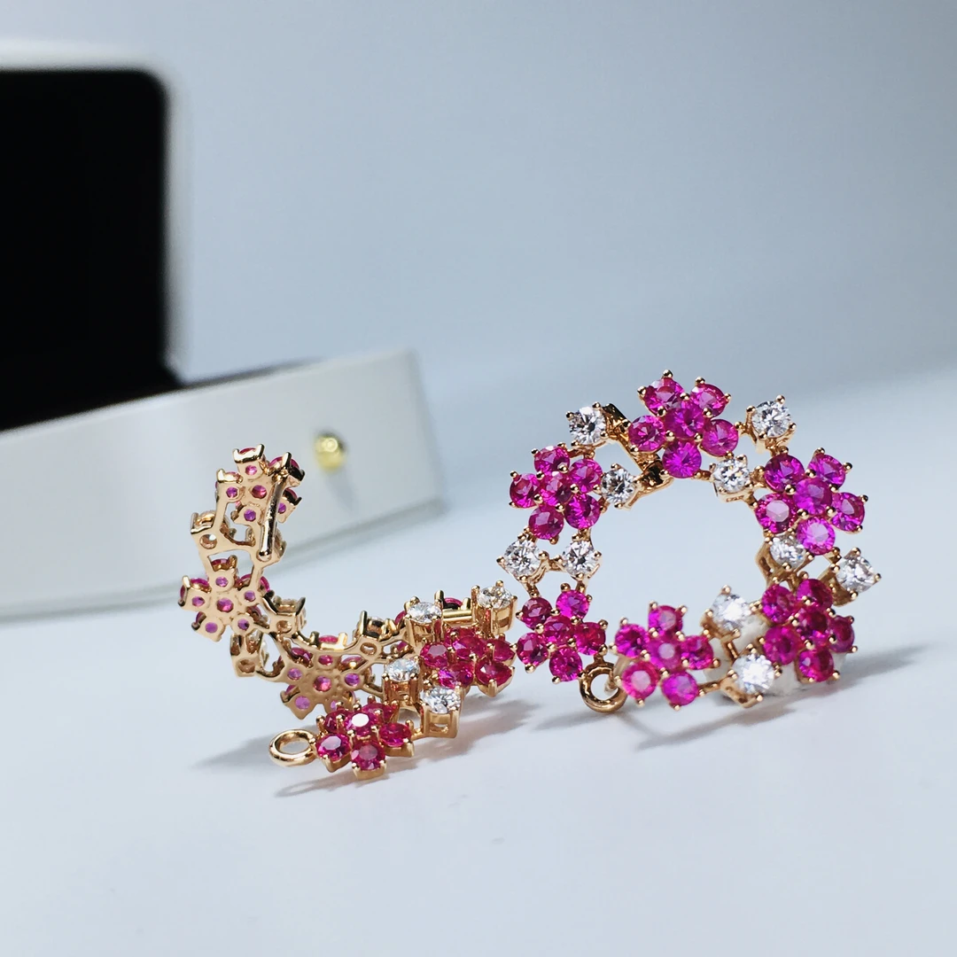 【朱朱珠宝】18K红粉蓝宝耳饰