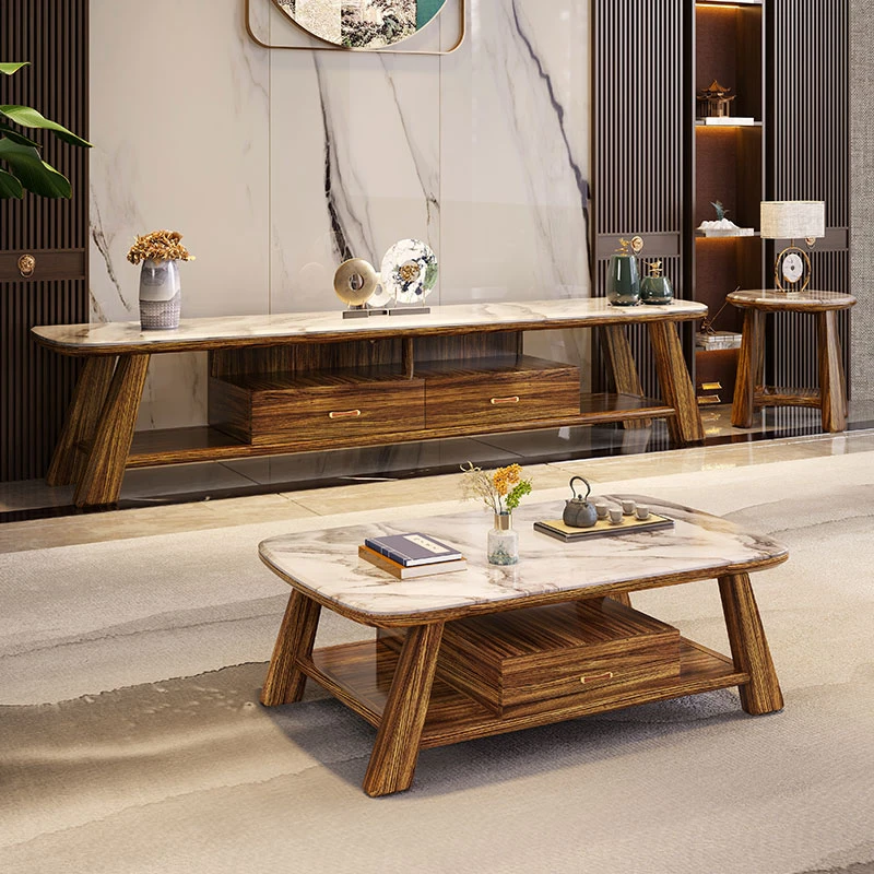 现代新中式乌金木实木茶几电视柜大理石面