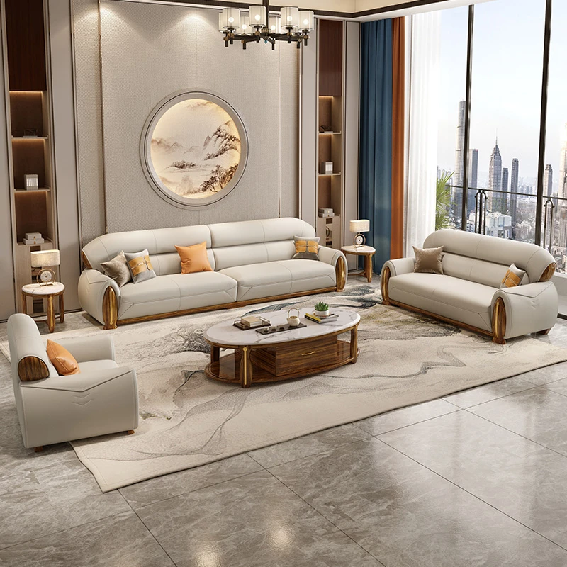 高端别墅乌金木真皮沙发现代新中式客厅大户型头层牛皮转角贵妃