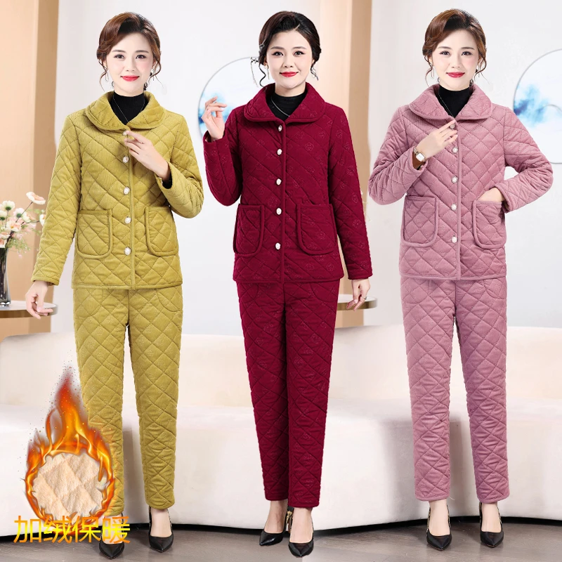 妈妈装秋冬季加绒加厚棉衣套装中老年气质女装棉袄纯色棉服两件套