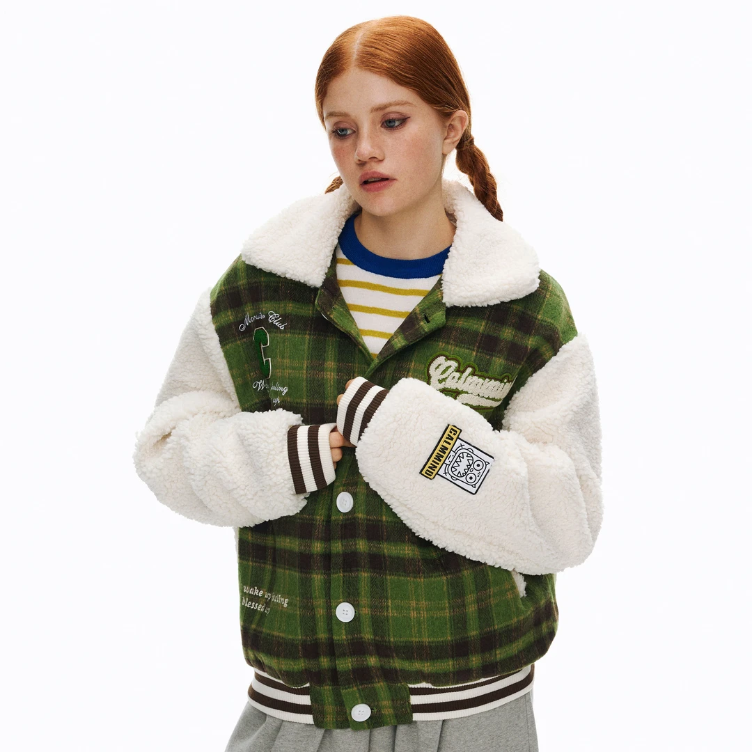 毛呢格纹拼羊羔毛棉服情侣宽松潮流百搭拼色夹克外套