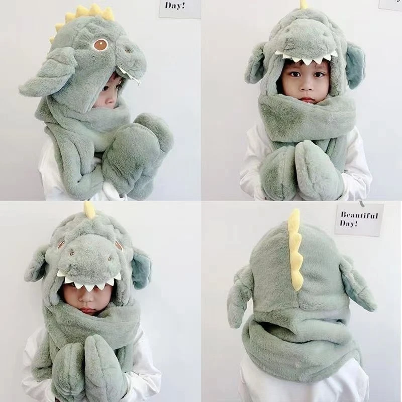 儿童帽子围巾一体男童冬季恐龙耳朵会动保暖三件套宝宝护脸护耳帽