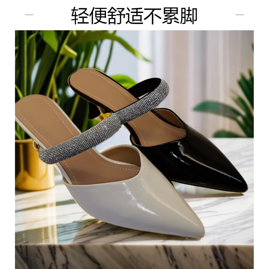 歌仑贝尔2024年夏季尖头牛皮外穿时装舒适凉鞋粗跟时尚低跟真皮