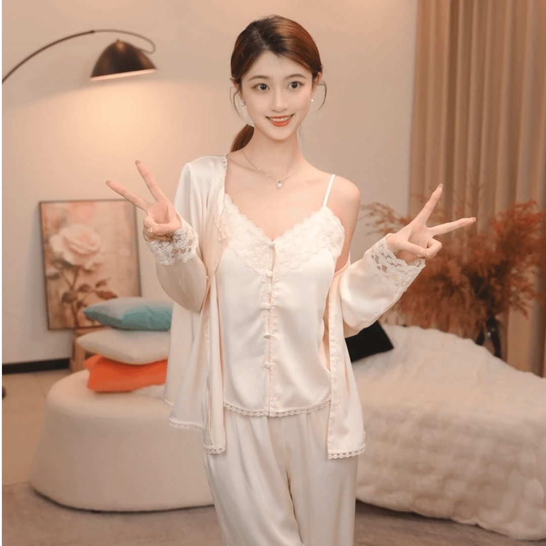 板栗小姐【卿纱四件套】新品春秋薄款长袖吊带宽松套装蕾丝家居服