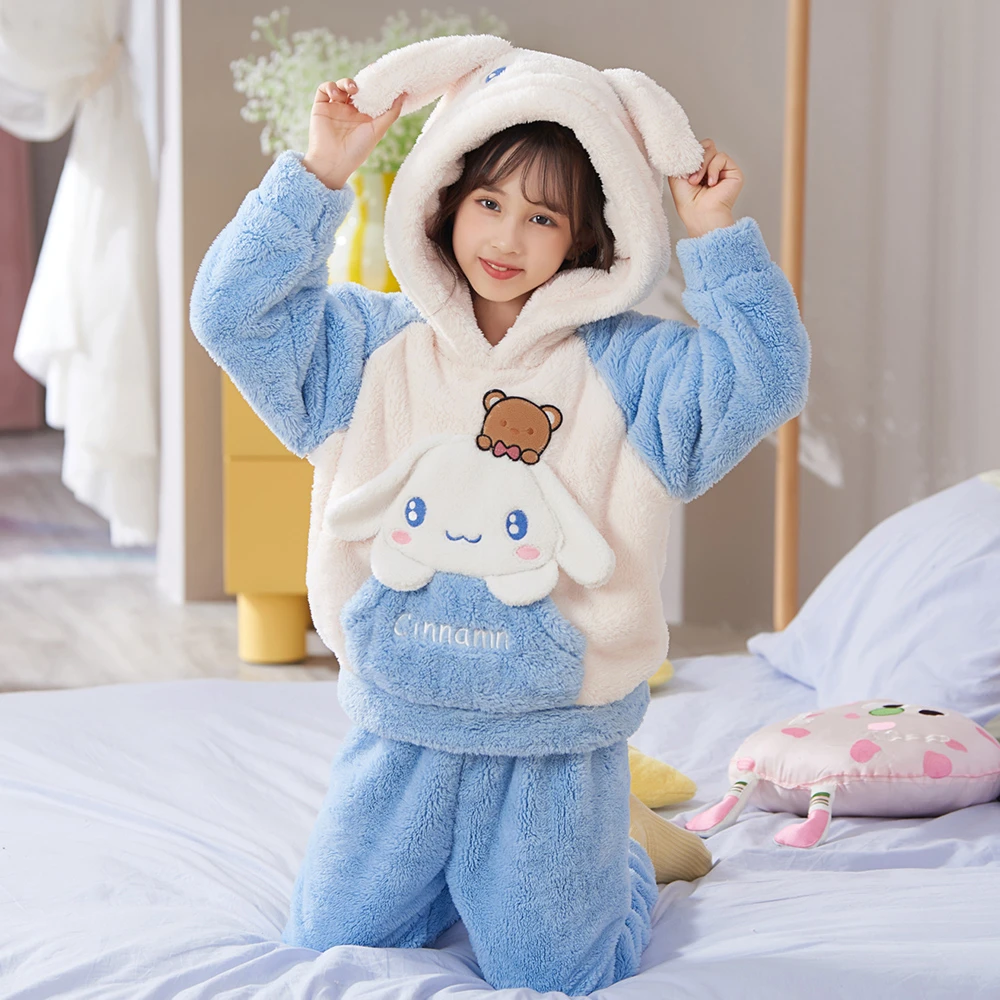儿童睡衣秋冬珊瑚绒女童卡通玉桂狗中大童保暖家居服加绒加厚套装