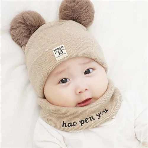 婴儿帽子0-3-6-12个月男女宝宝毛线帽加厚保暖围脖新生儿帽子秋冬