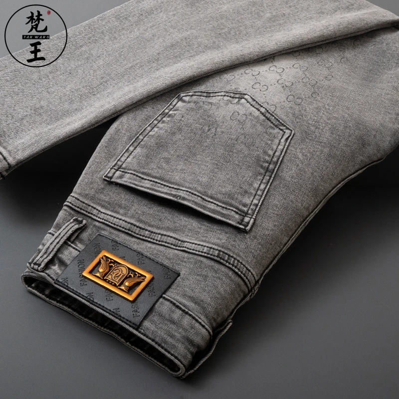 FANWANG/梵王青年牛仔裤男秋冬欧版修身小直筒弹力黑灰休闲长裤子