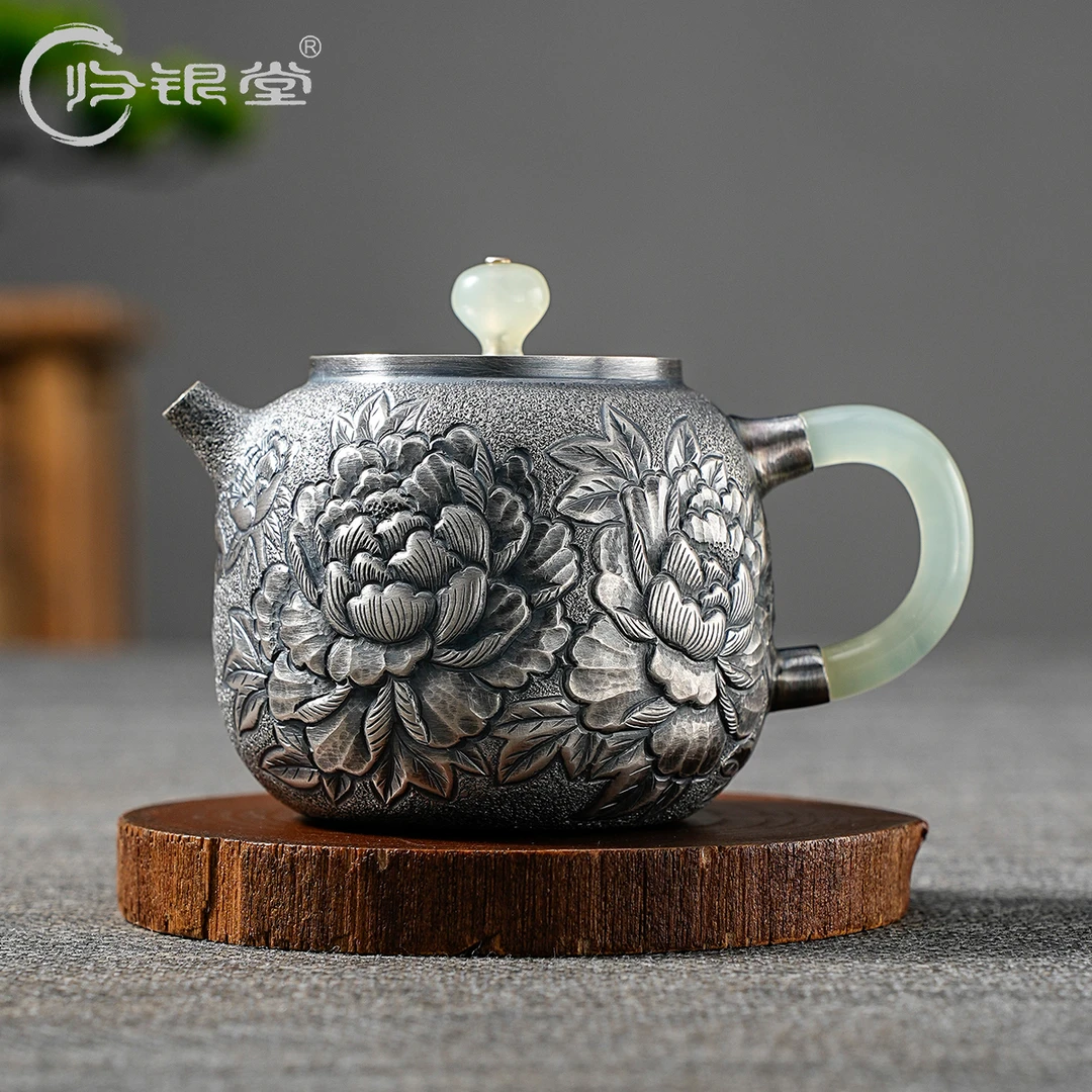 归银堂足银999银壶纯手工玉把牡丹泡茶壶浮雕复古中式茶具