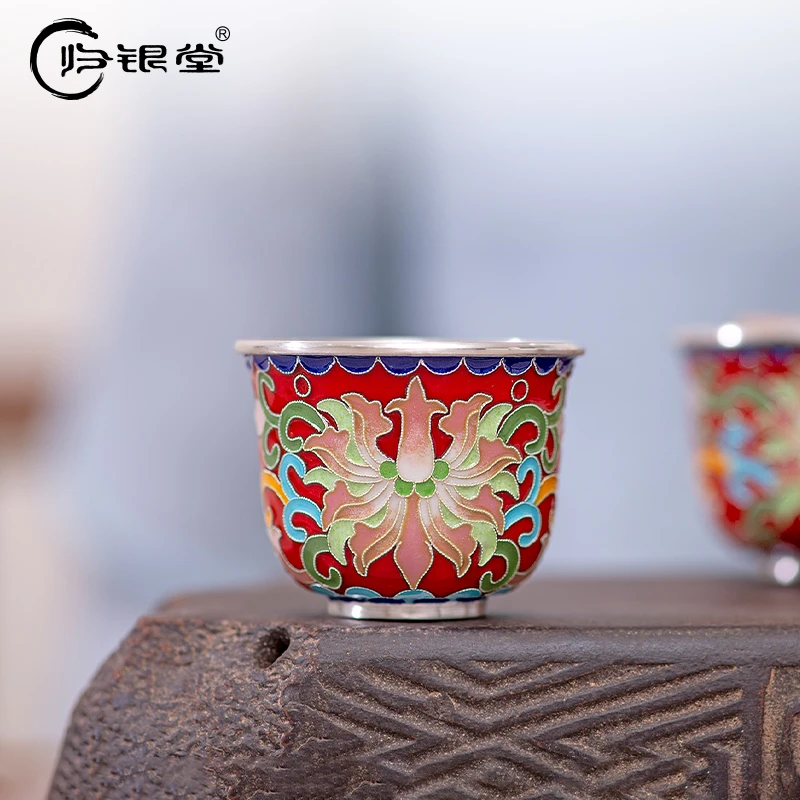 归银堂足银景泰蓝掐丝珐琅花枝品茗杯手工高杯茶具GS-DFCB220507