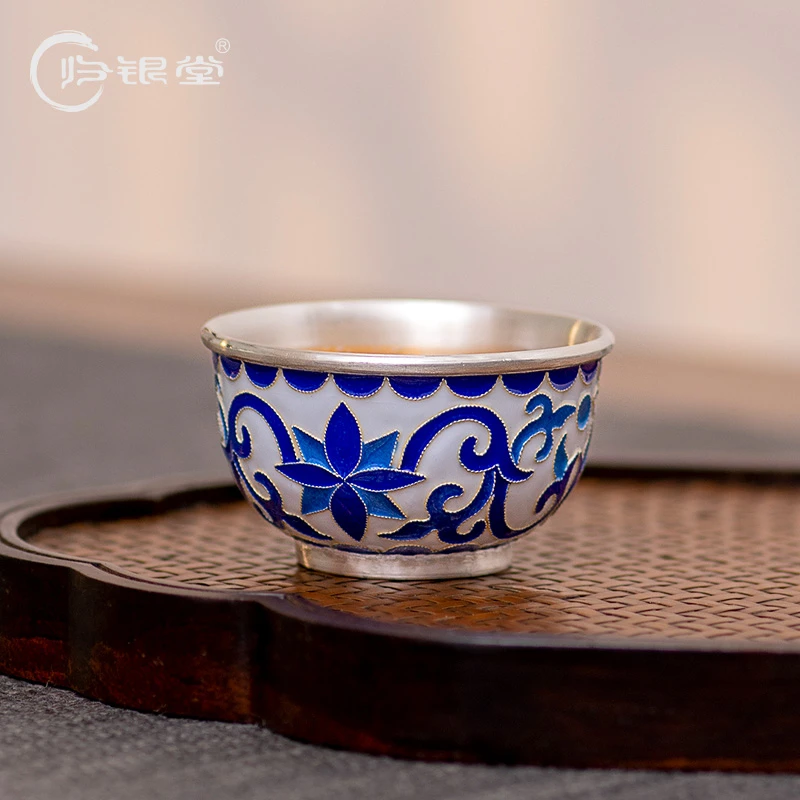 归银堂景泰蓝足银茶杯纯手工主人杯小杯银品茗杯中式茶杯茶道GS