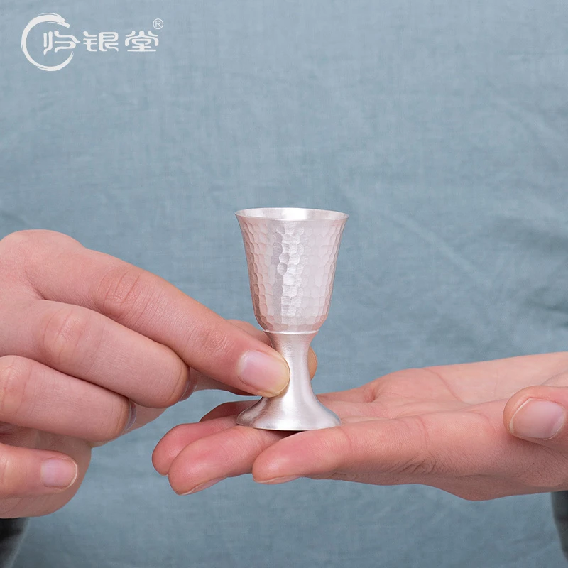 归银堂足银手工素银锤纹酒杯高杯酒具中式高档银杯GS-HJB201101