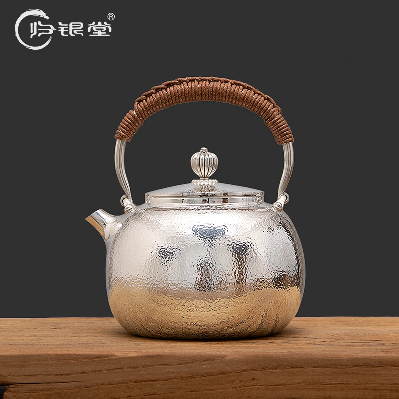 归银堂足银锤纹制宝珠烧水壶亮面熏银复古煮茶壶GS-TYCH190801