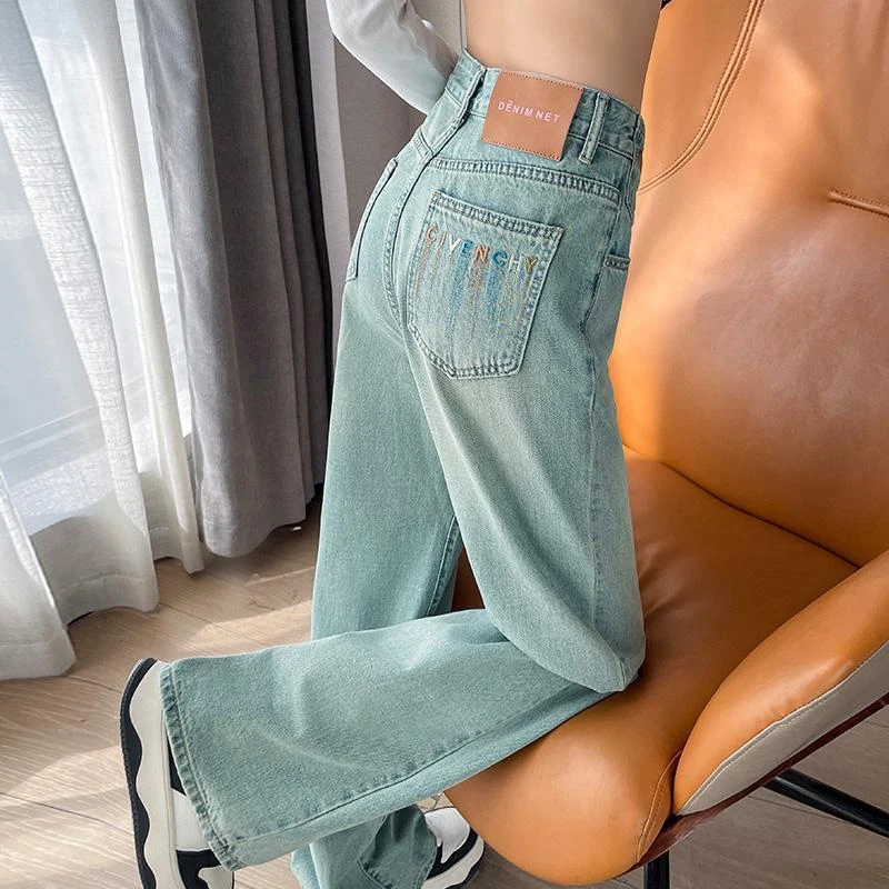 冰川蓝阔腿牛仔裤女春秋季2025年爆款新款宽松梨形身材刺绣直筒裤