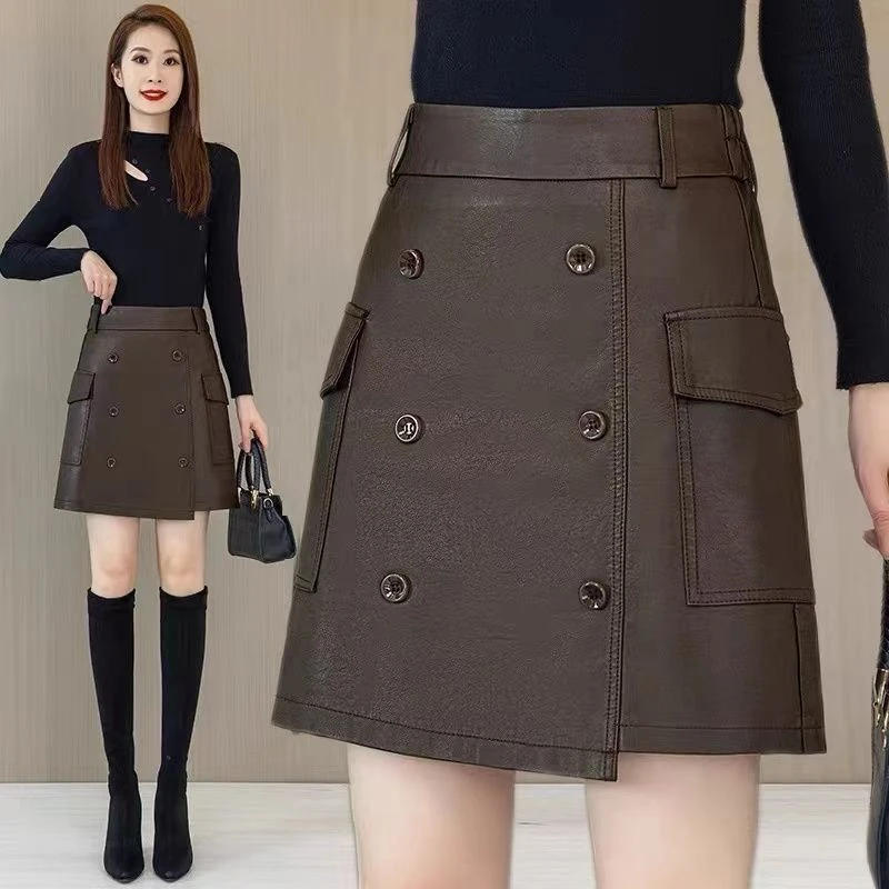2025秋冬新款皮裙半身裙女排扣高腰显瘦a字裙冬天配毛衣包臀短裙