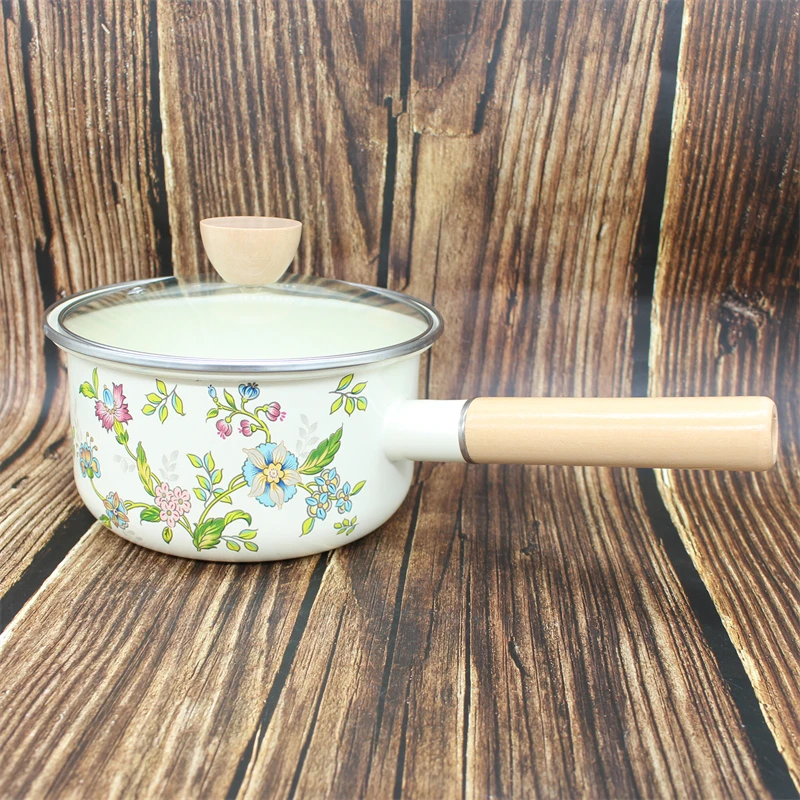 特厚搪瓷奶锅防烫木柄珐琅单柄锅煮面锅宝宝辅食锅电磁炉燃气通用