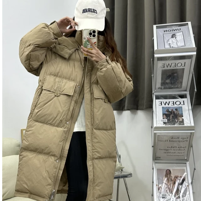 2024新款鸭绒收腰长款韩版羽绒服 中长款保暖加厚冬季连帽