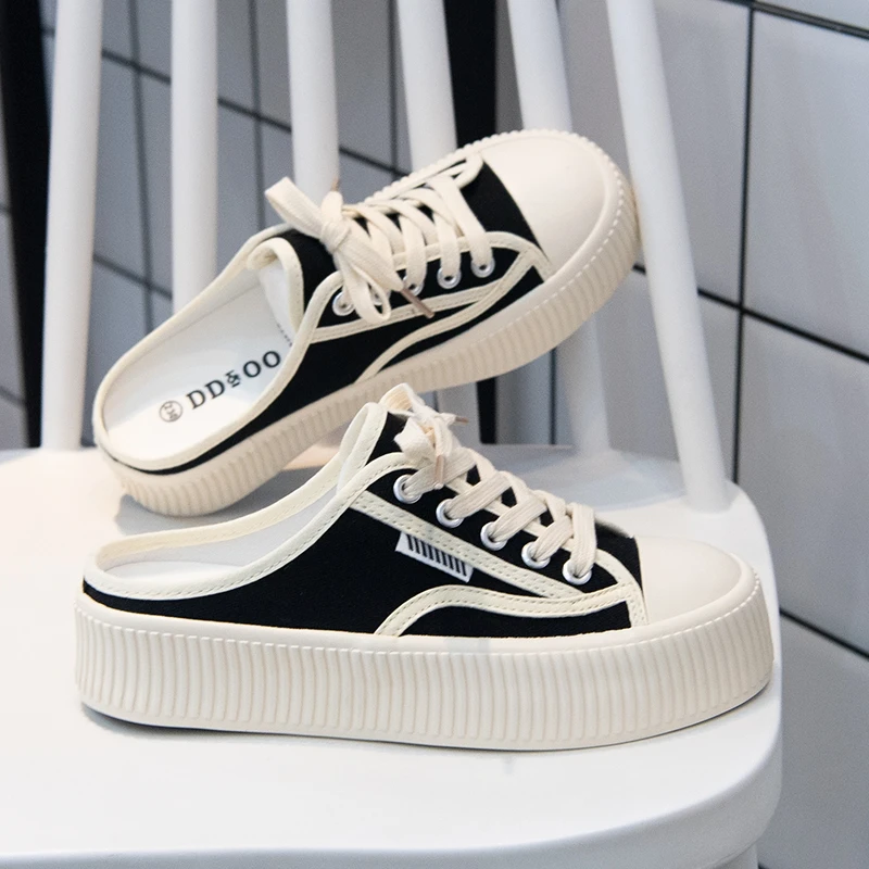 2024年夏季新款半拖帆布鞋女鞋子百搭厚底板鞋夏款一脚蹬布鞋球鞋